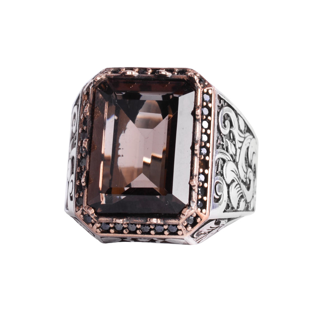 KAMBO Natural Stone Ring for Men 925 Sterling Silver - Rectangular Statement Ring Handmade Jewelry (Smoky Topaz)