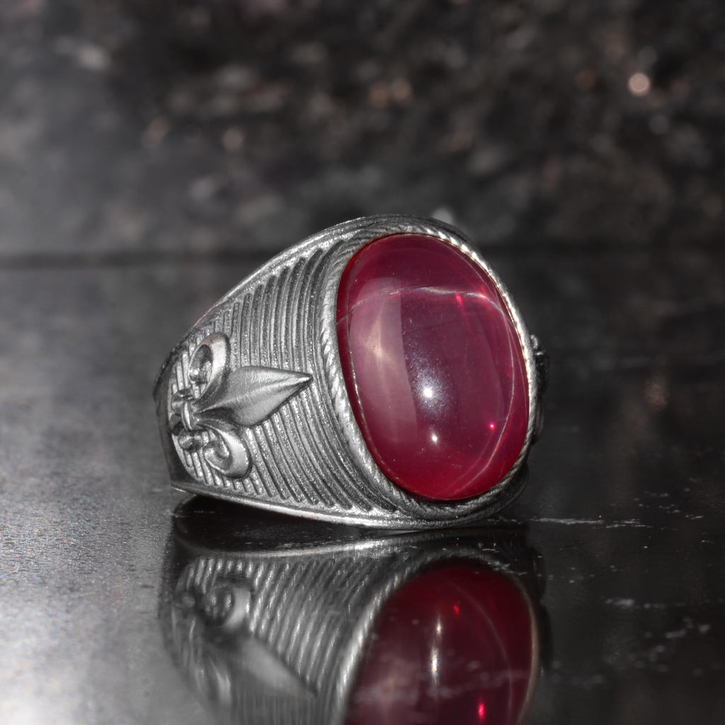 KAMBO Star Ruby Stone Men's Ring Fleur De Lis Symbol 925 Sterling Silver – Handmade Vintage Ottoman Style Statement Ring — 6