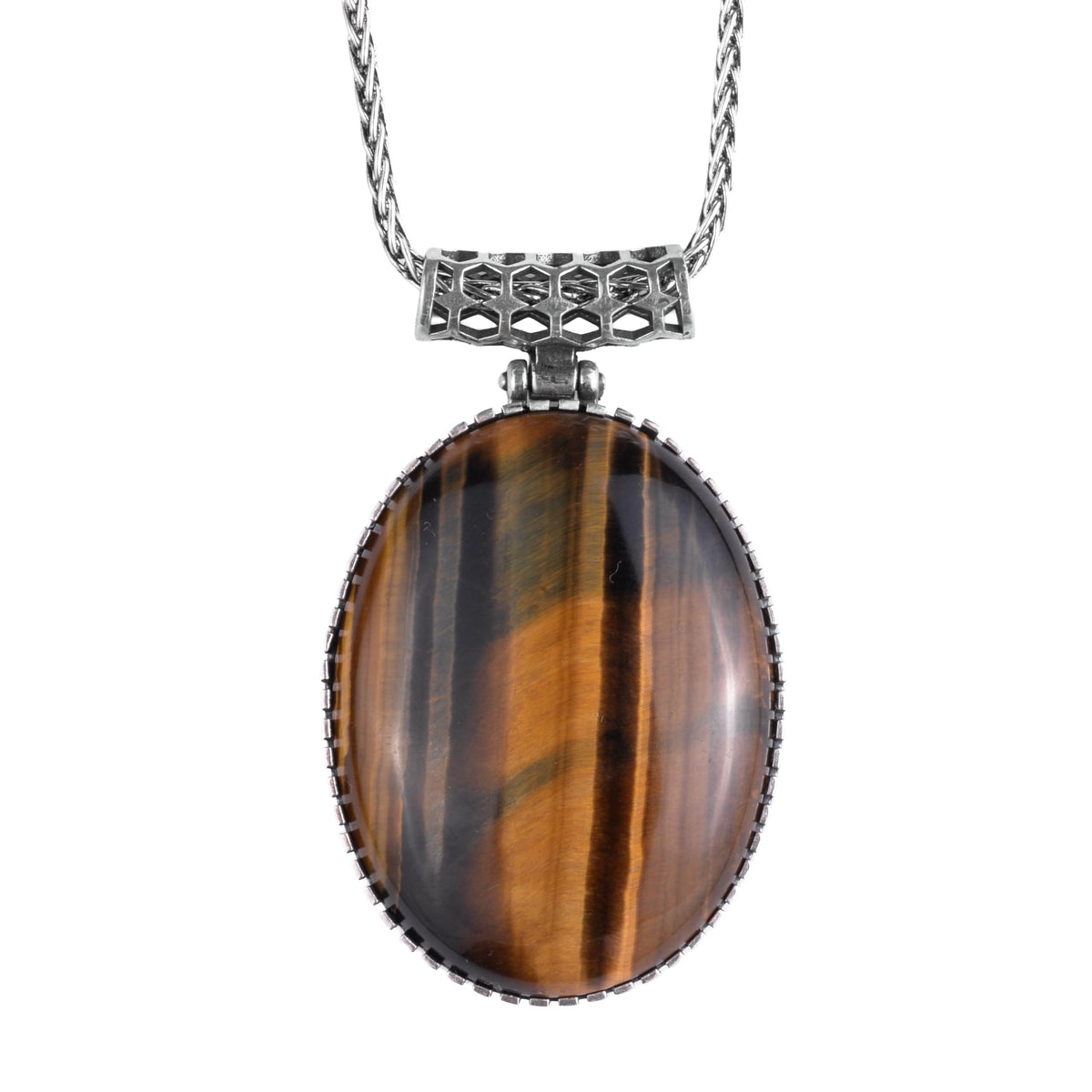 KAMBO Natural Stone Chain Men's Necklace 925 Sterling Silver – Oval Stone Large Necklace (Tiger's Eye)