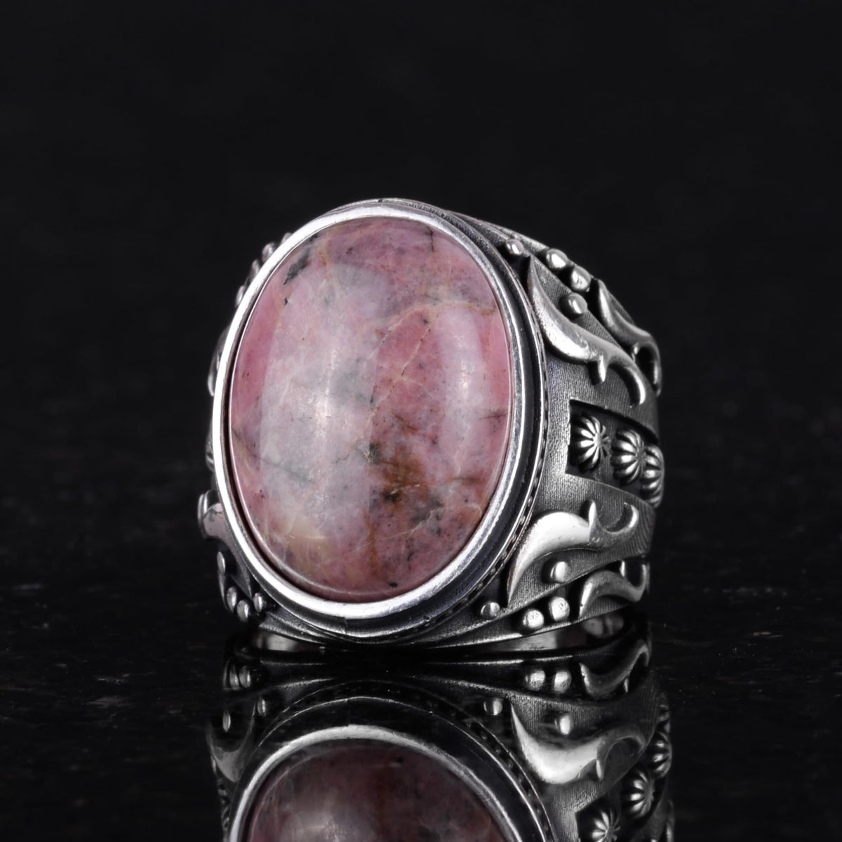 Handmade Natural Rhodonite Pink Stone Ring - 925 Sterling Silver — 6