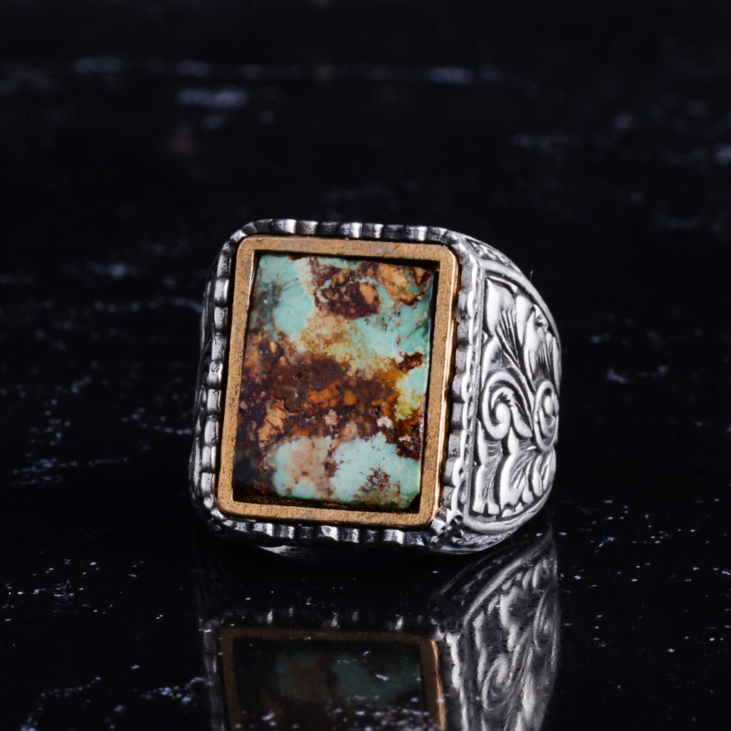 KAMBO Natural Turquoise Stone Men's Ring - 925 Sterling Silver Ring - Square Turquoise Stone Ring - Bronze Detail Men's Jewelry - Handmade Statement Ring — 3