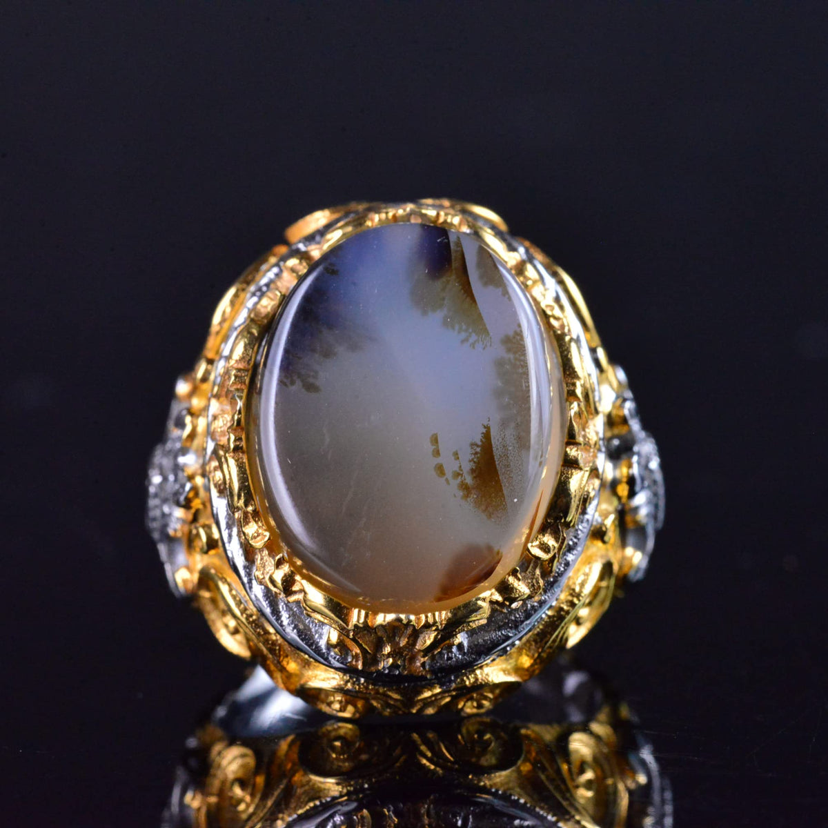 Natural Yemeni Agate Stone Ring, Handmade Sultan Ring, 925 Sterling Silver Gold Plated Men's Ring — 6
