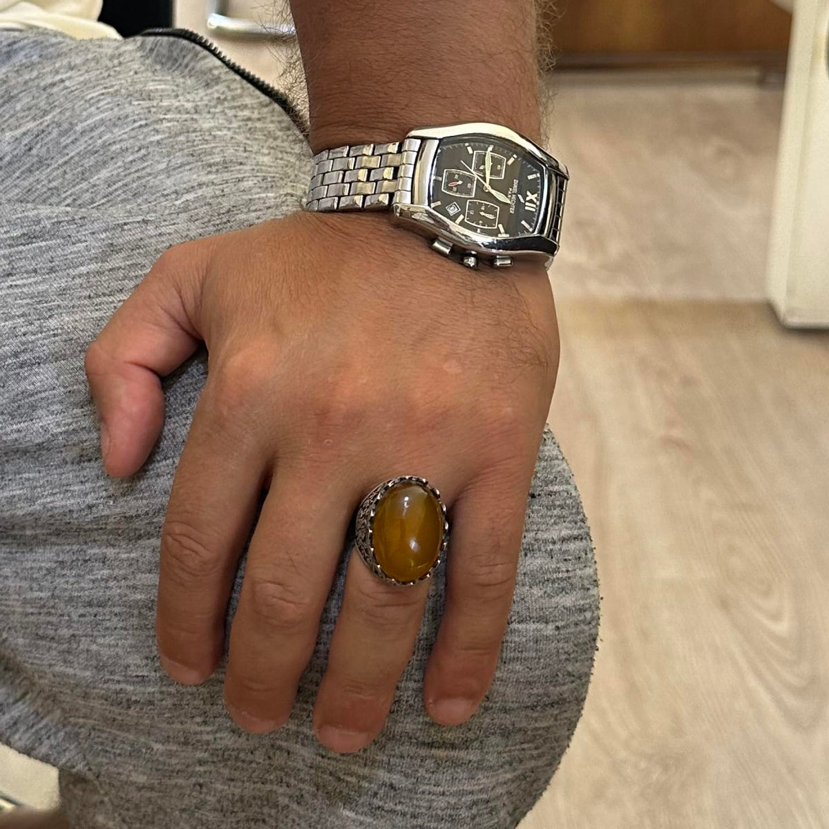 Kambo Natural Yellow Agate Ring - Rose Pattern 925 Sterling Silver Handmade Ring — 3