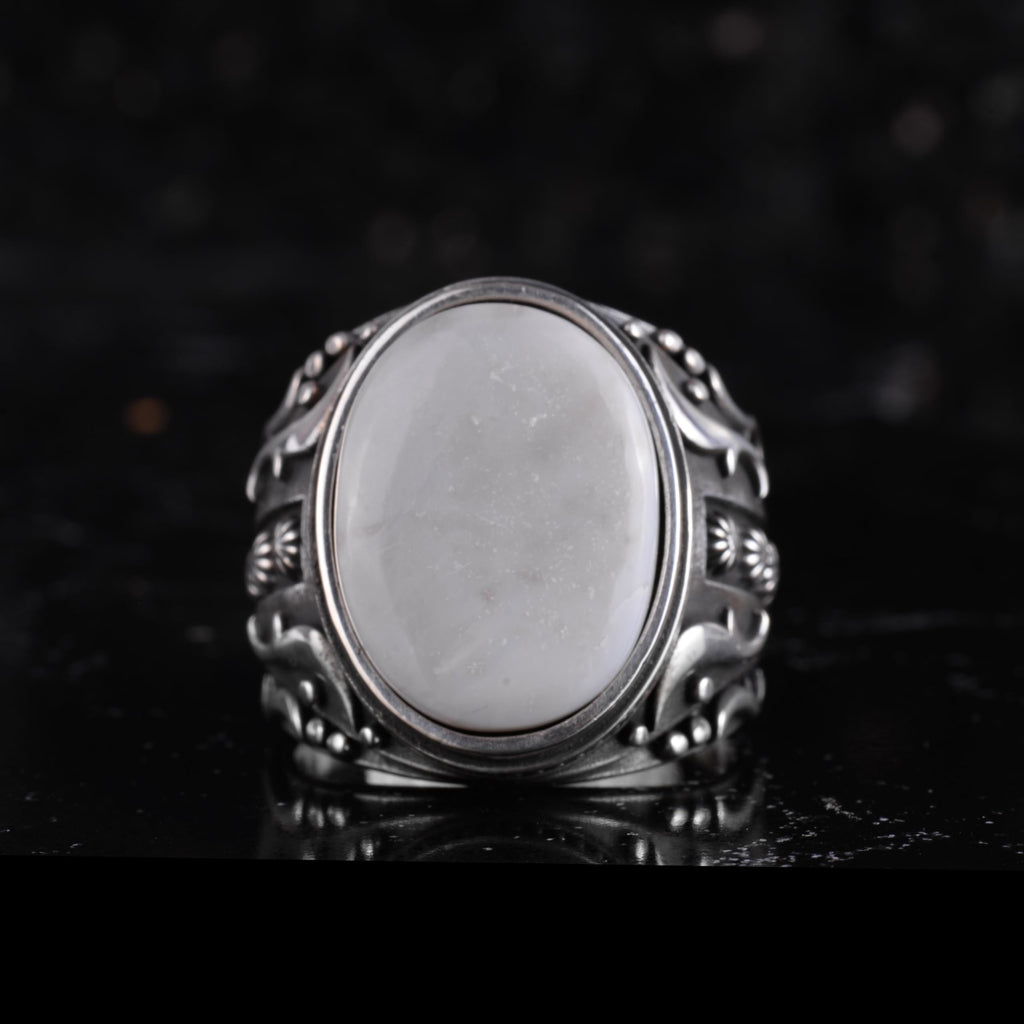 KAMBO Handmade 925 Sterling Silver Opal Ring for Men – Vintage Ottoman Style Engraved Pattern, Natural Oval Opal Stateme