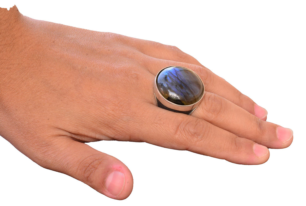 Natural Labradorite Round Stone Ring - 925 Sterling Silver Men's Big Ring — 6