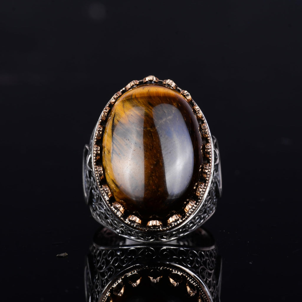 KAMBO 925 Sterling Silver Men's Natural Stone Ring - Moon and Star Design - Handmade Vintage Jewelry (Tiger's Eye) — 5