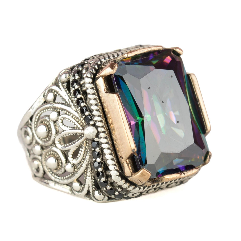 KAMBO Handmade 925 Sterling Silver Men’s Ring with Created Mystic Topaz Stone, Modern Statement Design, Vintage Style, C
