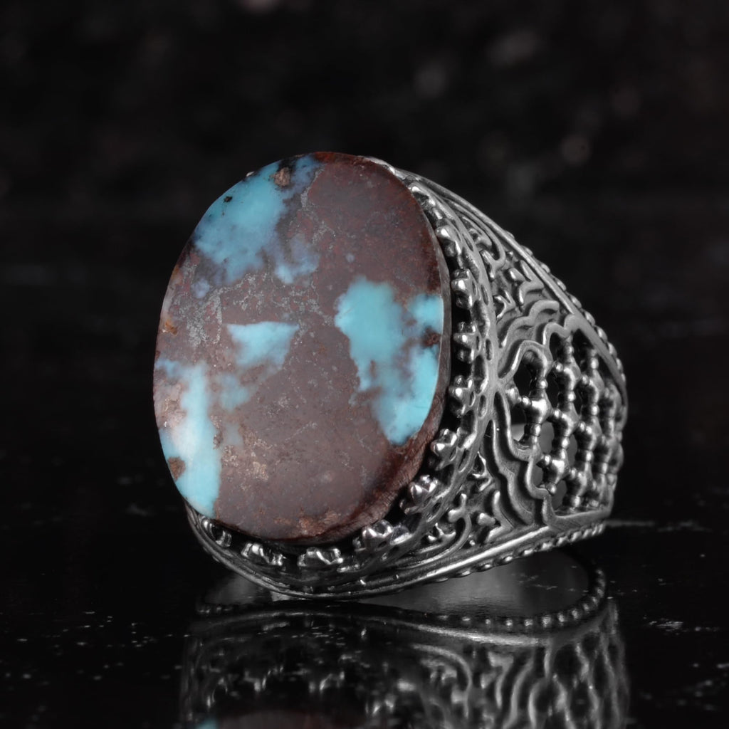 KAMBO Natural Turquoise Stone Men's Ring 925 Sterling Silver Spider Web Pattern Oval Cabochon Vintage Handmade Statement Ring (Turquoise-1) — 5