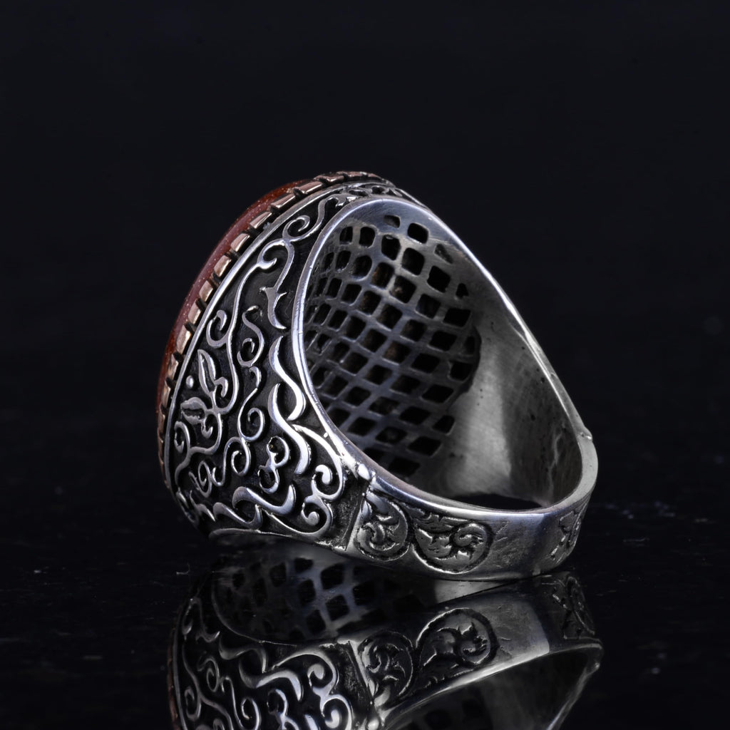 Synthetic Stone Ring, 925 Sterling Silver Men's Ring, Large Ring (Brown Synthetic Sunstone) — 7