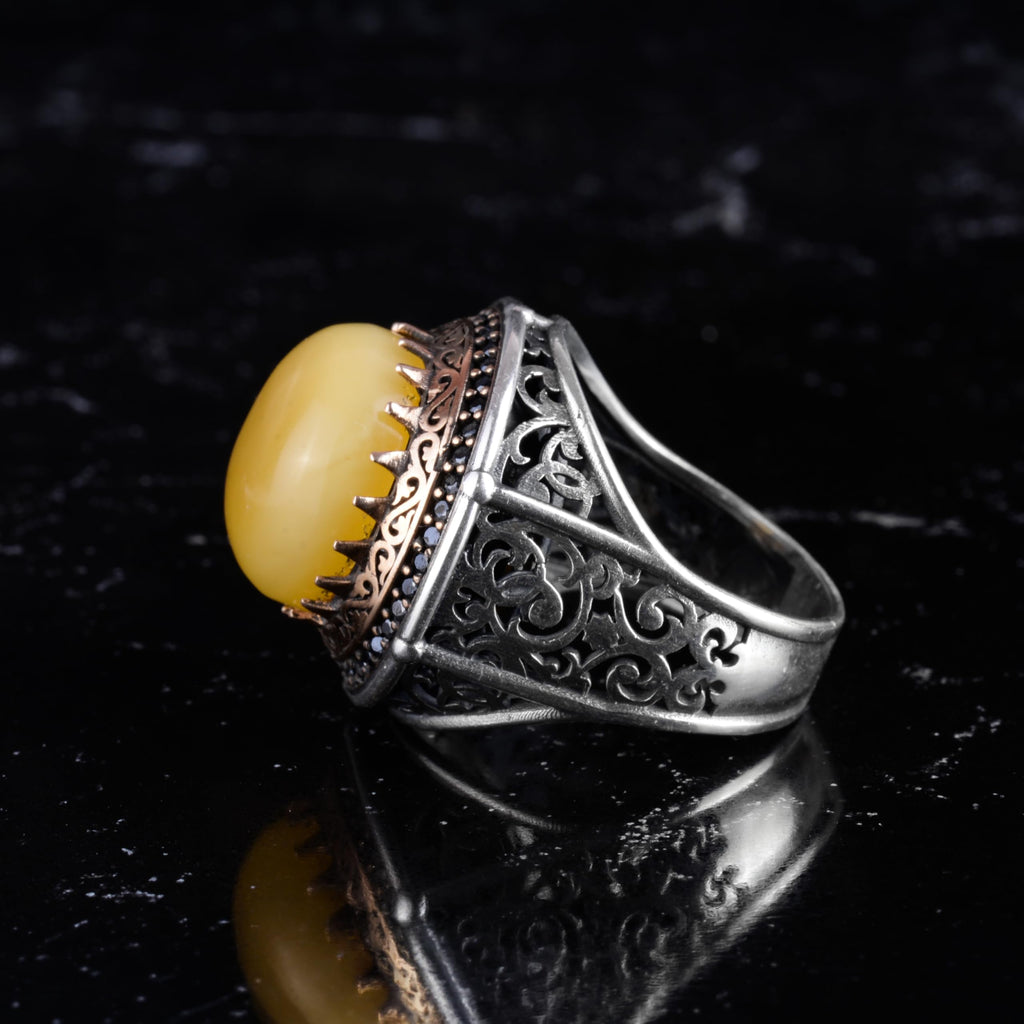 KAMBO Stone 925 Sterling Silver Men's Round Ring with Bronze Detail Vintage Ottoman Style Handmade Silver Ring (Amber) — 6