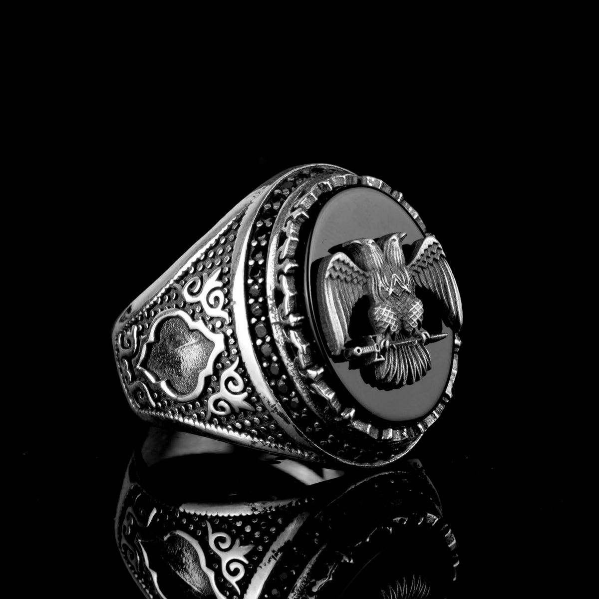 KAMBO Handmade 925 Sterling Silver Men's Ring with Obsidian Stone and Double Headed Eagle Emblem - Vintage Byzantium Sty