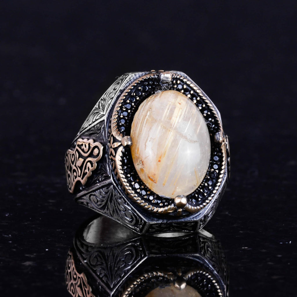925 Sterling Silver Men's Ring - Natural Cabochon Gold Rutilated Quartz Stone Ring — 6