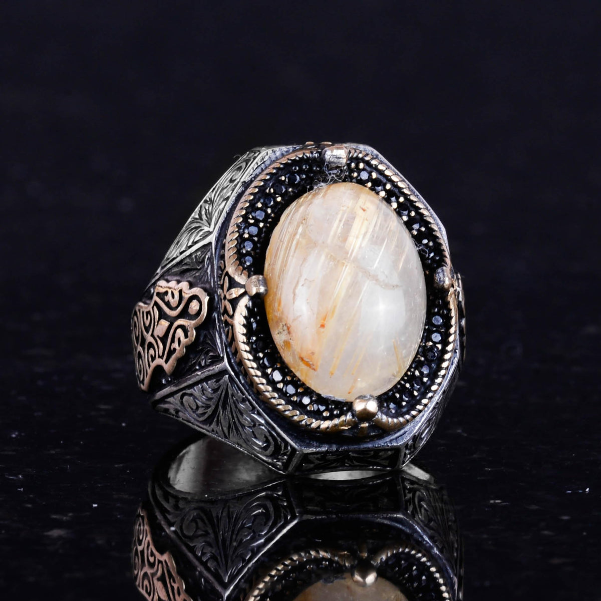 925 Sterling Silver Men's Ring - Natural Cabochon Gold Rutilated Quartz Stone Ring — 6