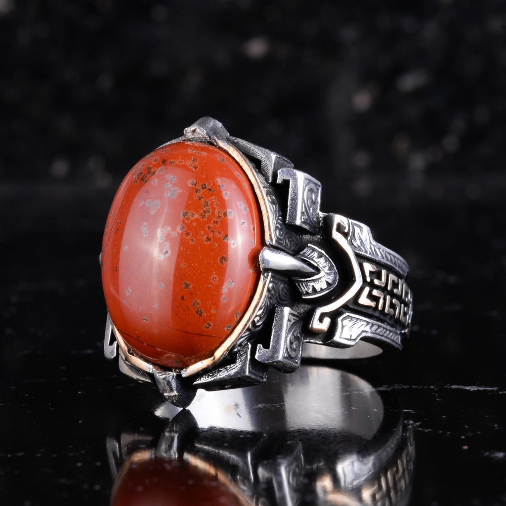 KAMBO Natural Stone Ring 925 Sterling Silver – Handmade Men's Statement Ring Healing Jewelry (Red Bloodstone) — 5