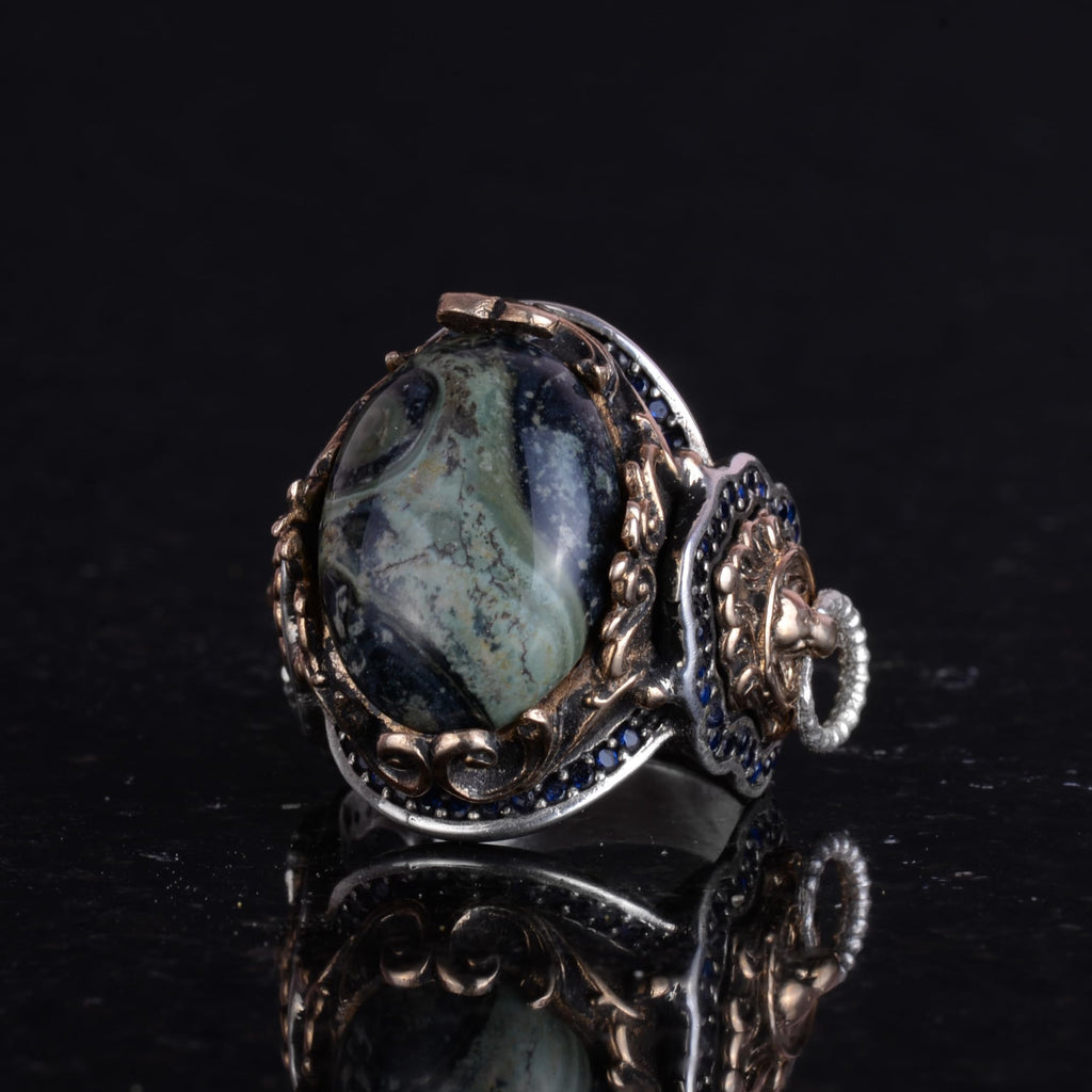 Handmade Green Eye Natural Stone Ring - Lion Silver Head Design — 5