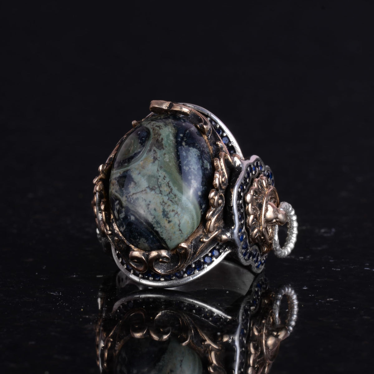 Handmade Green Eye Natural Stone Ring - Lion Silver Head Design — 5