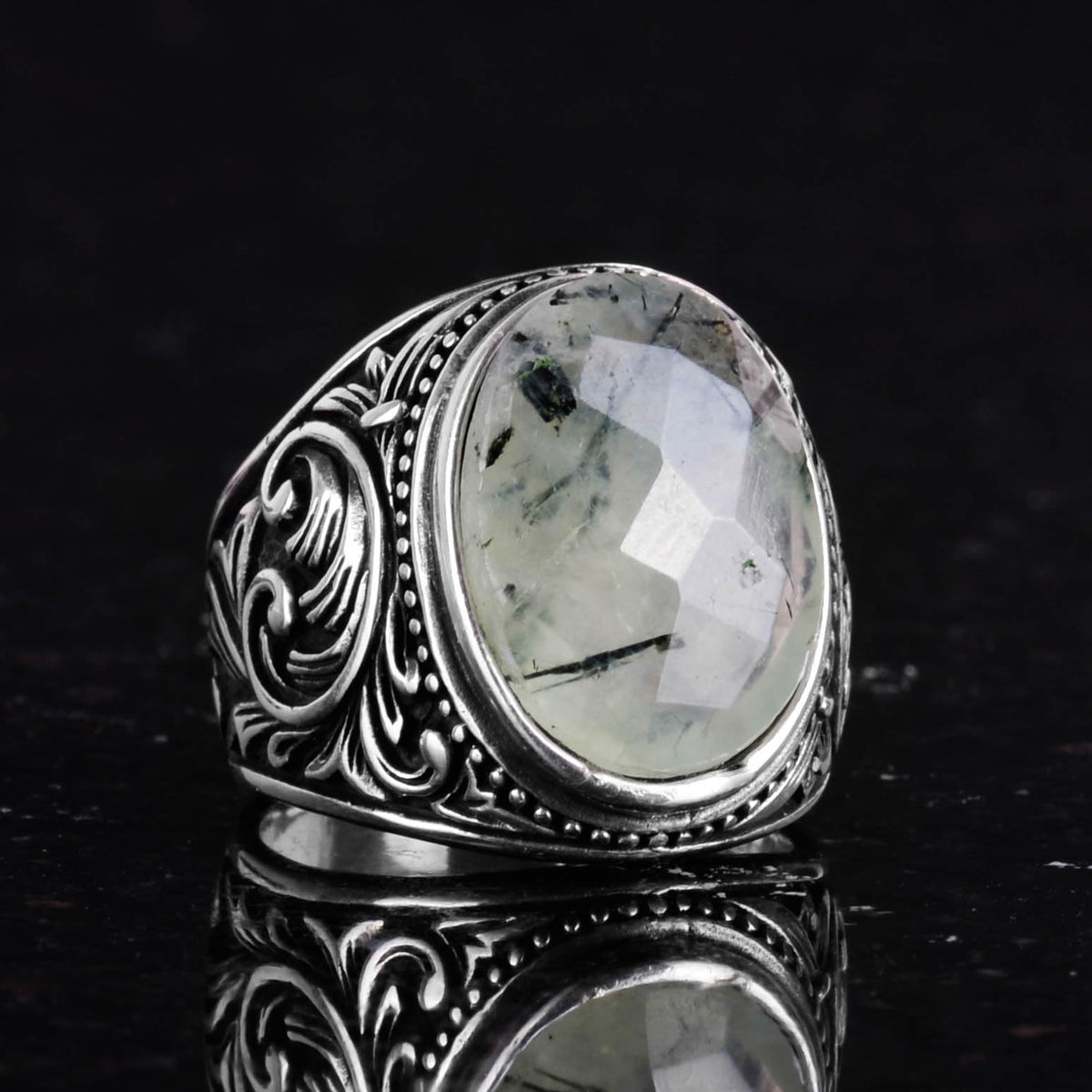 Handmade Prehnite Stone Ring - 925 Sterling Silver Men's Ring — 6