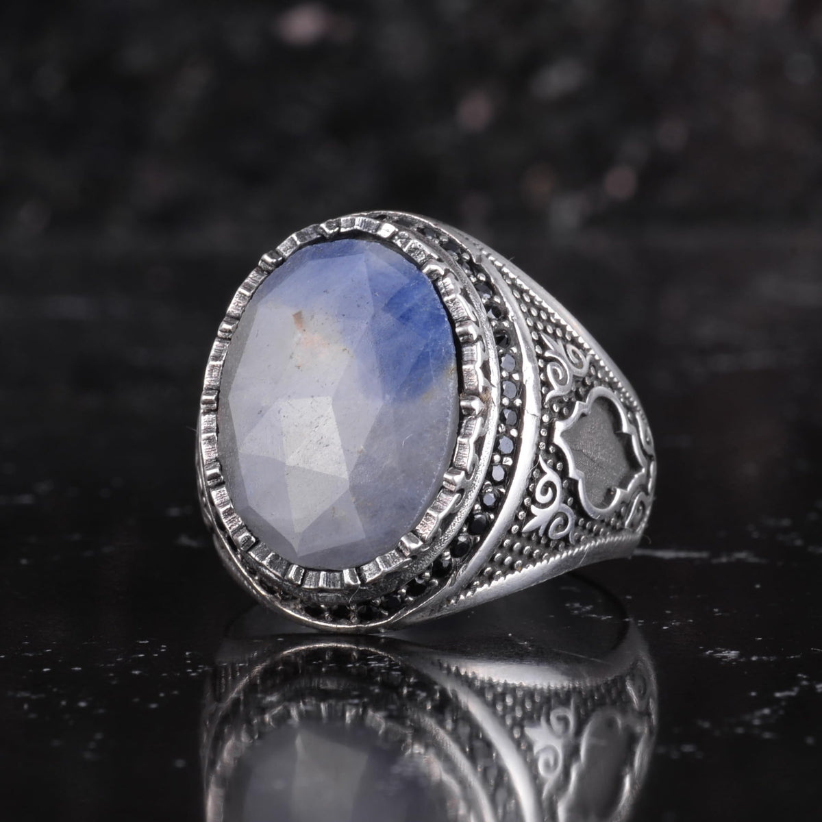 Natural Sapphire Stone Men's Ring 925 Sterling Silver Tooth Frame Black Stone Halo Handmade Statement Ring (Blue Sapphire-3) — 5