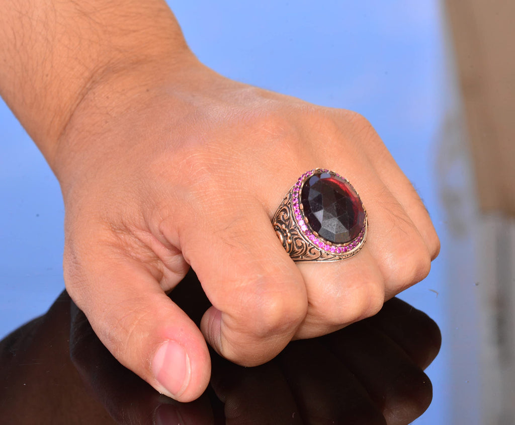 Handmade Natural Garnet Stone Silver Men's Ring - Symbol of Passion and Protection — 6