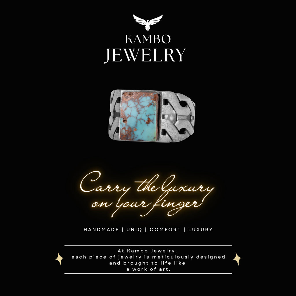 KAMBO Natural Turquoise Stone Rectangular Men's Ring – 925 Sterling Silver Handmade Geometric Design Ring (Turquoise-1) — 7