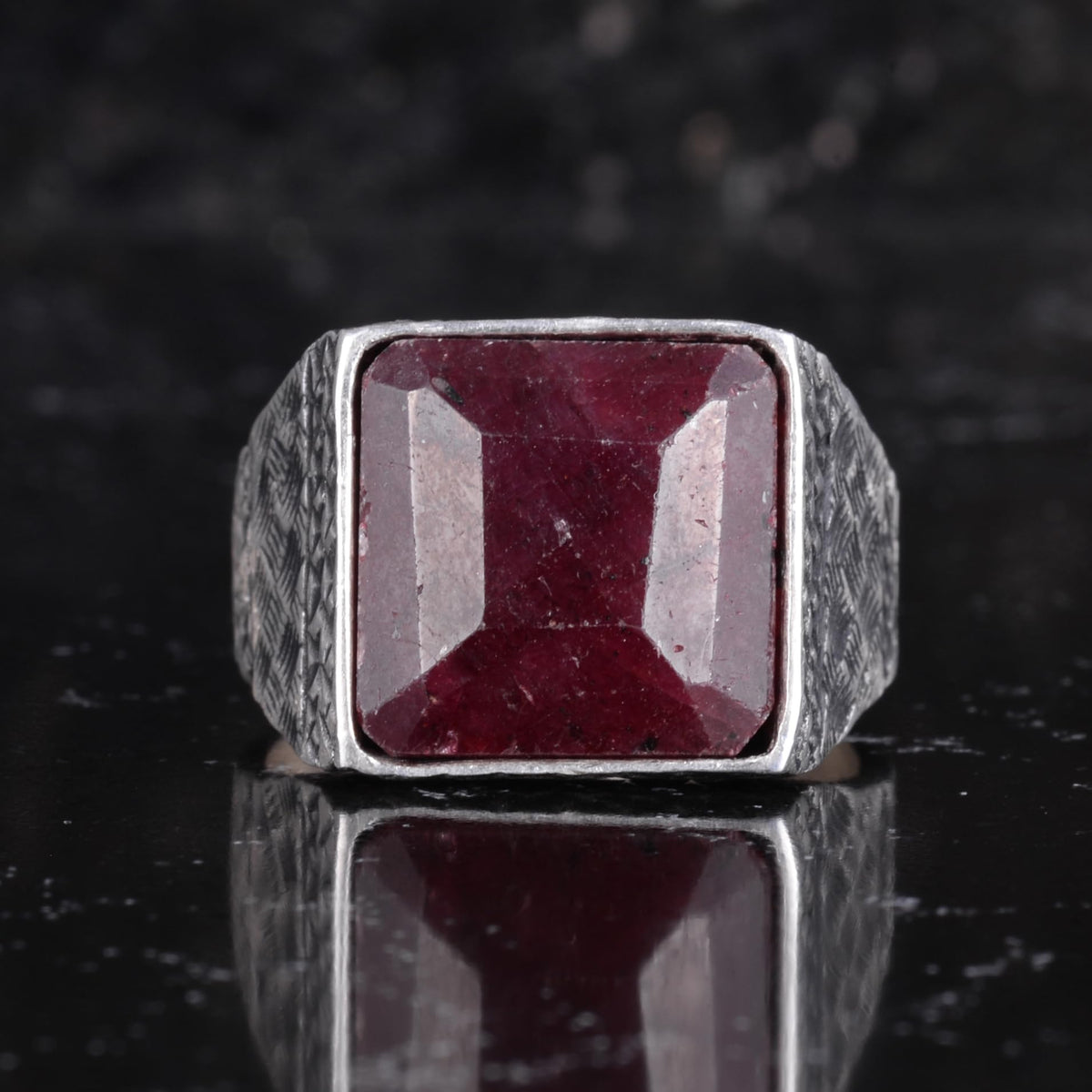 KAMBO Natural Stone Men's Ring 925 Sterling Silver Square Stone Handmade Statement Ring Unique Masculine Jewelry (Ruby) — 4