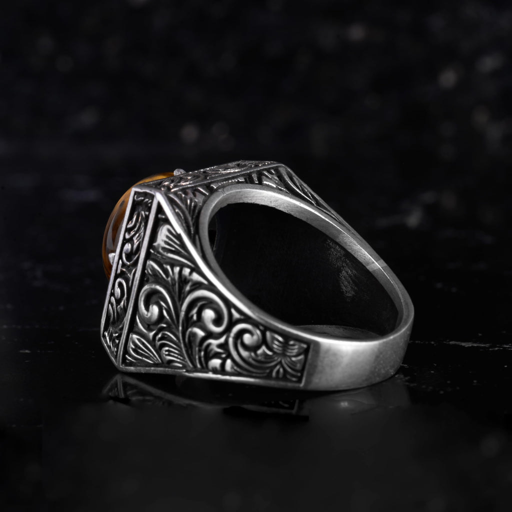 KAMBO Natural Round Stone Square Men's Ring 925 Sterling Silver – Ottoman Pattern Handmade Stone Ring (Labradorite) — 7