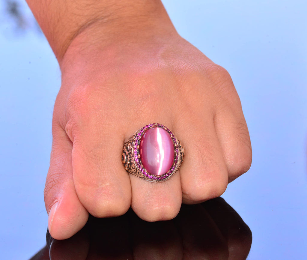 925 Sterling Silver Men's Ring - Pink Cat's Eye Stone King Ring - Handmade Men's Jewelry — 7