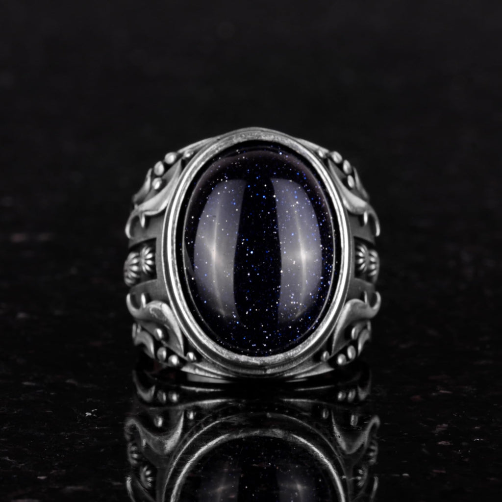 Synthetic Stone Ring, 925 Sterling Silver Ring, Designer Silver Men's Ring (Blue Sunstone) — 3