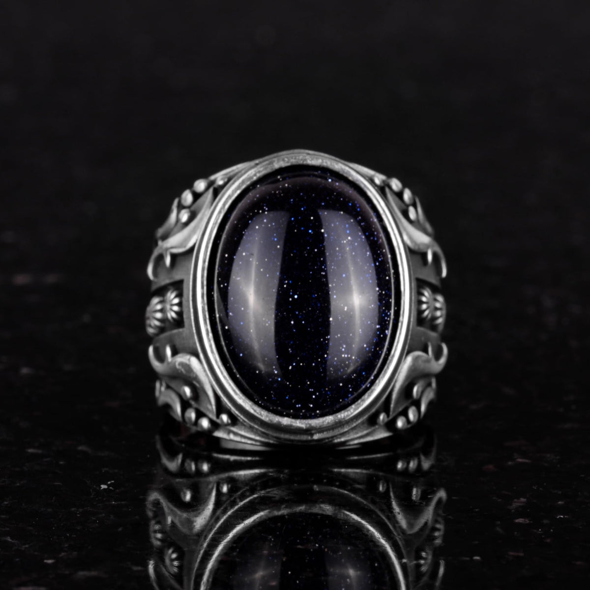 Synthetic Stone Ring, 925 Sterling Silver Ring, Designer Silver Men's Ring (Blue Sunstone) — 3