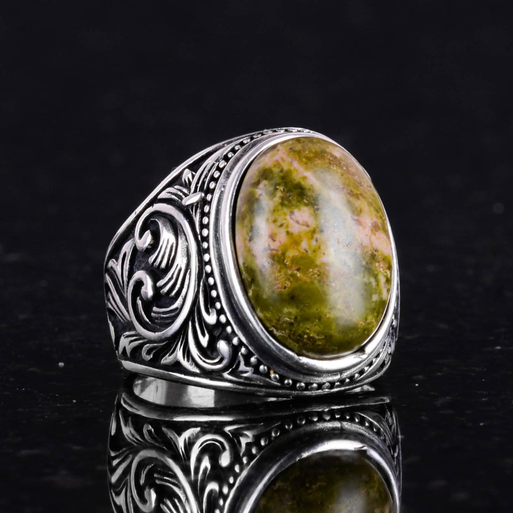Unakite Stone Ring - 925 Sterling Silver Men's Ring — 6