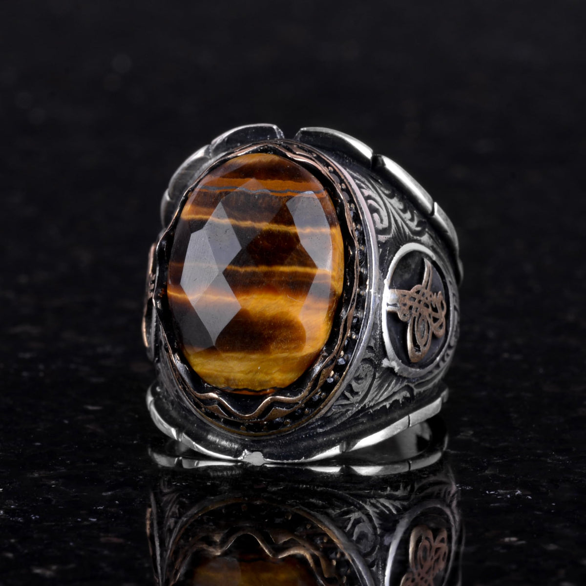 Ottoman Tugra Silver Ring, Natural Stone Ring, 925 Sterling Silver Men's Ring (Tiger Eye) — 5