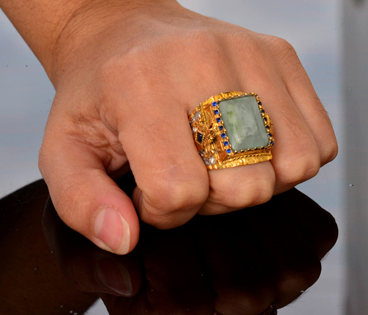 Natural Aquamarine Stone Handmade Ring, Gold Plated Silver Men's Ring - Symbol of Serenity and Courage — 7