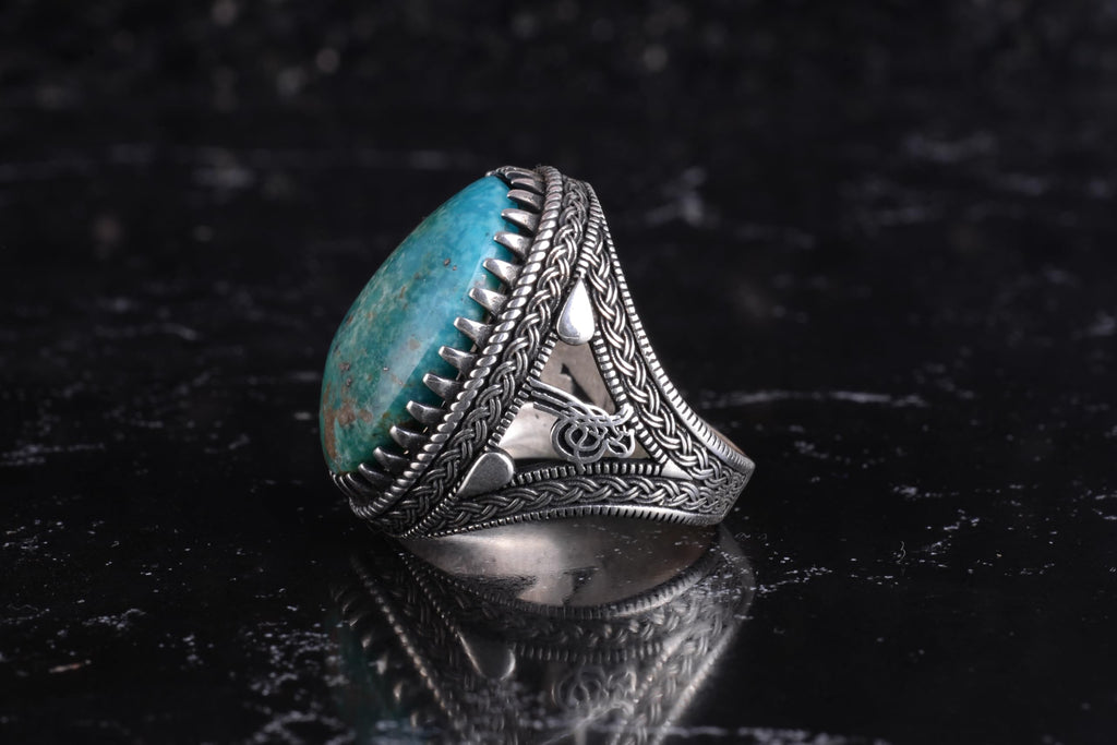 KAMBO Men's Natural Stone Ring – 925 Sterling Silver Large Statement Ring – Handmade Ottoman Pattern Jewelry (Turquoise) — 7