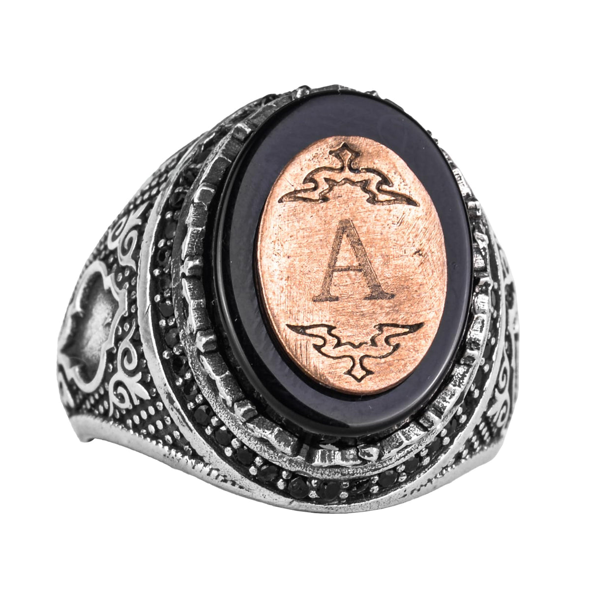 Customizable Monogram Onyx Stone Ring - 925 Sterling Silver