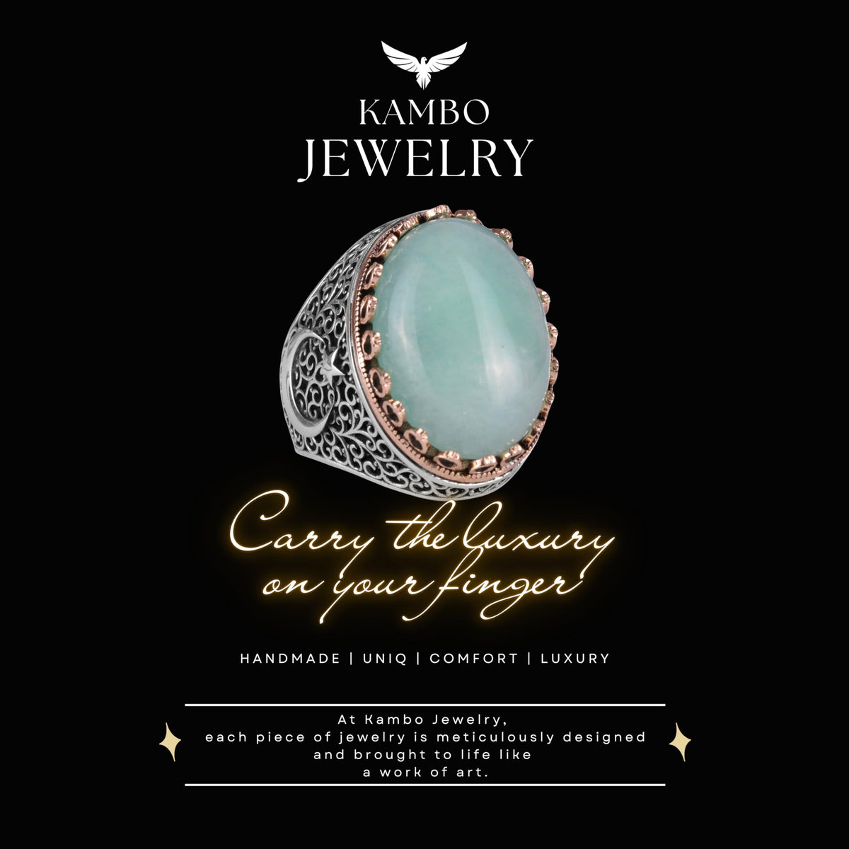 KAMBO 925 Sterling Silver Men's Natural Stone Ring - Moon and Star Design - Handmade Vintage Jewelry (Amazonite) — 3