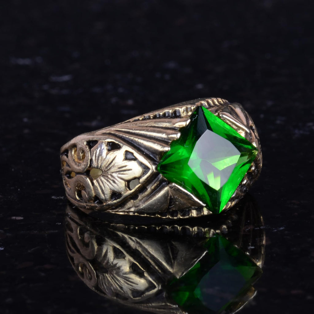 KAMBO Handmade 925 Sterling Silver Ring with Created Emerald Stone, Modern Men's Statement Jewelry, Gold Plated Design, 