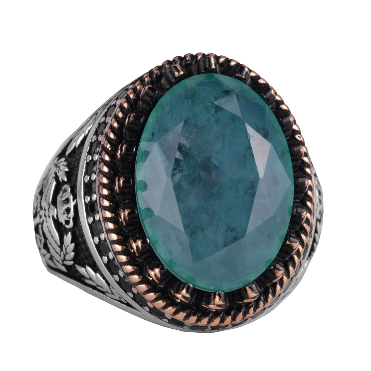 925 Sterling Silver Ring, Artificial Stone Ring, Eagle Symbol Ring, Handcrafted Ring (Artificial Green Paraiba)