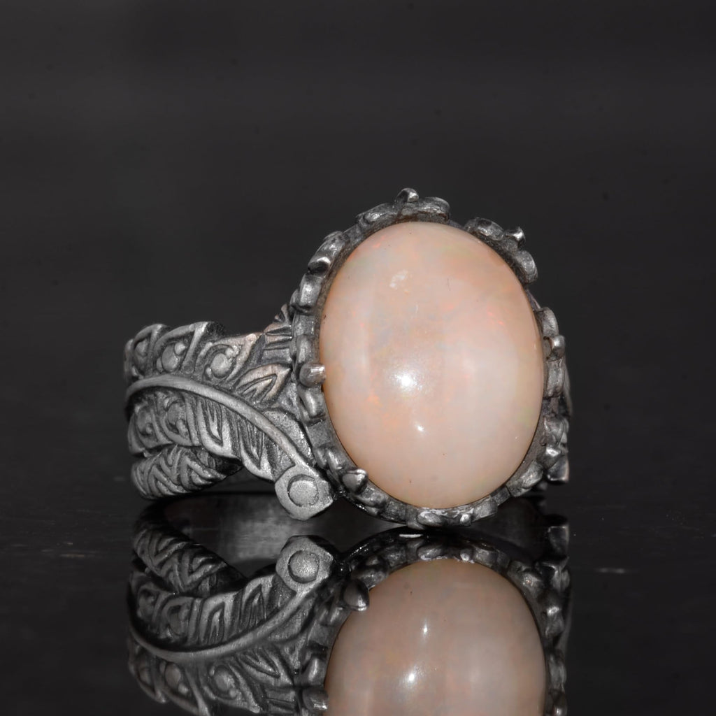Handmade 925 Sterling Silver Men's Ring Natural Opal Stone - Leaf Pattern Ring — 5