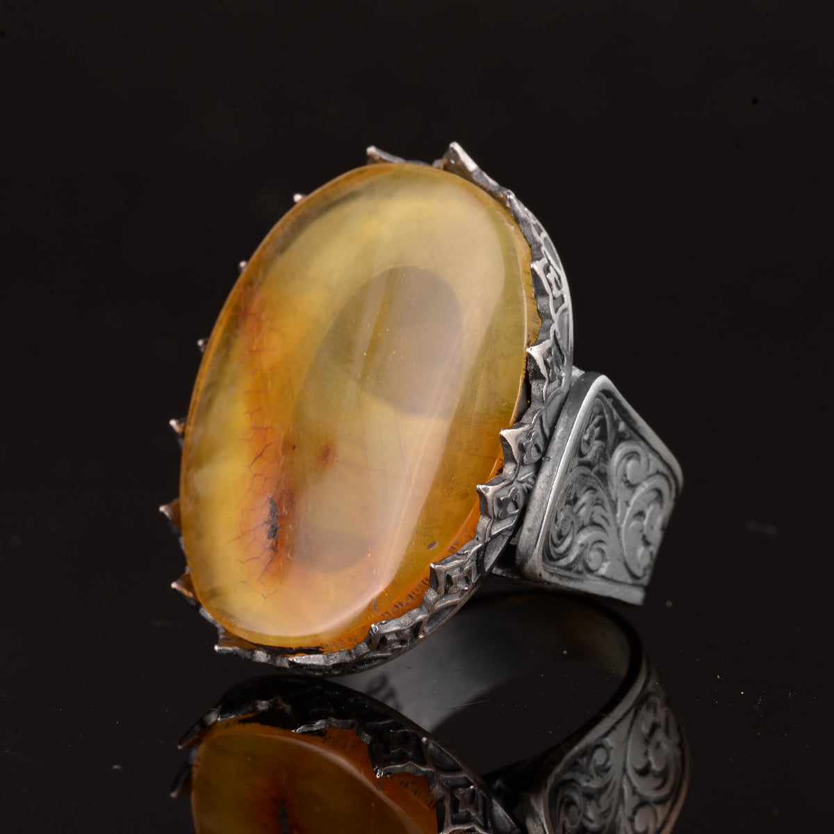 Natural Nobility Big Ring Collection: 925 Sterling Silver Men's Ring - Amber Stone — 5