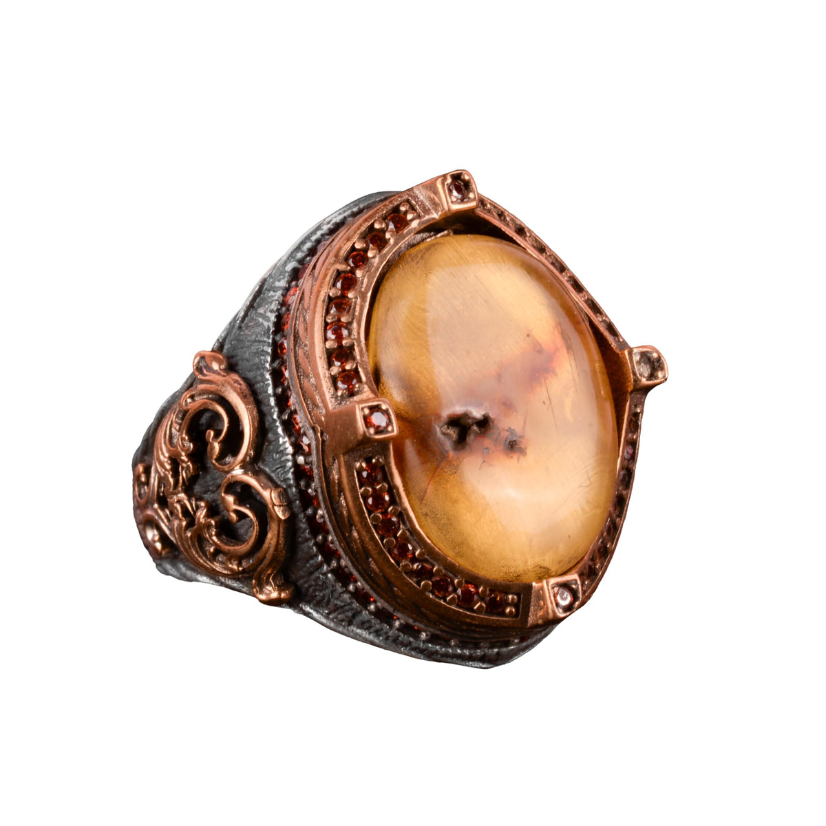 925 Sterling Silver Men's Ring, Amber Stone Ring