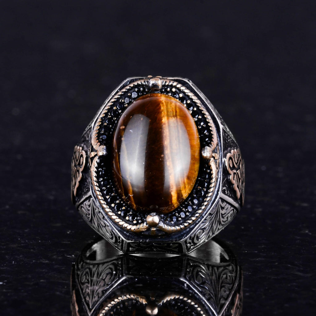 Handmade Cabochon Tiger Eye Stone Ring - 925 Sterling Silver Men's Ring — 3