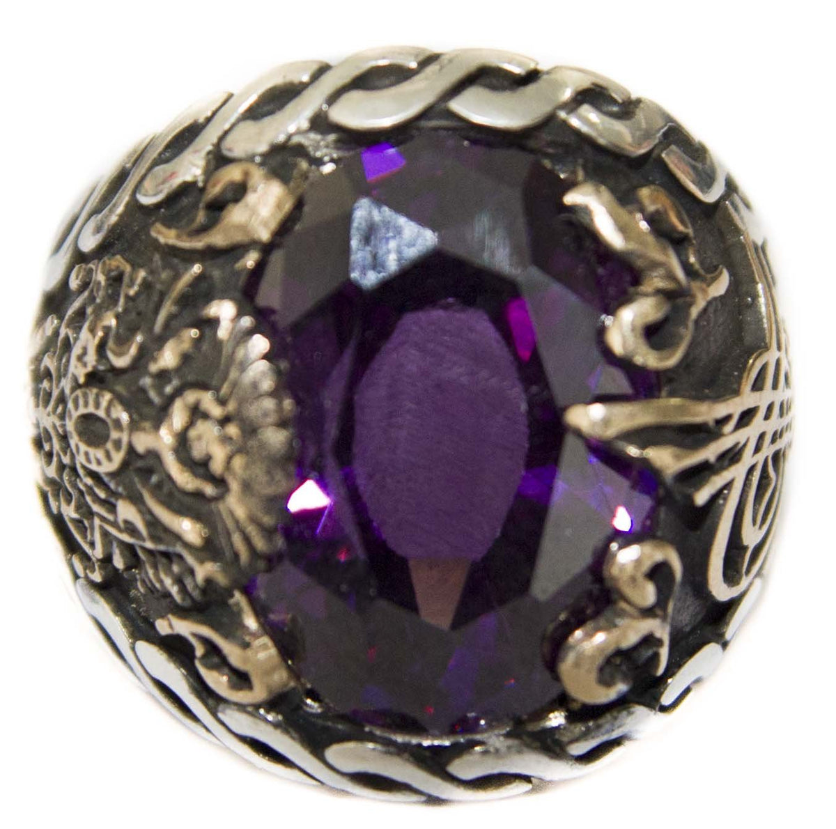 Ottoman Tughra Silver Men's Ring, Synthetic Amethyst Stone - Stylish and Timeless Design — 2