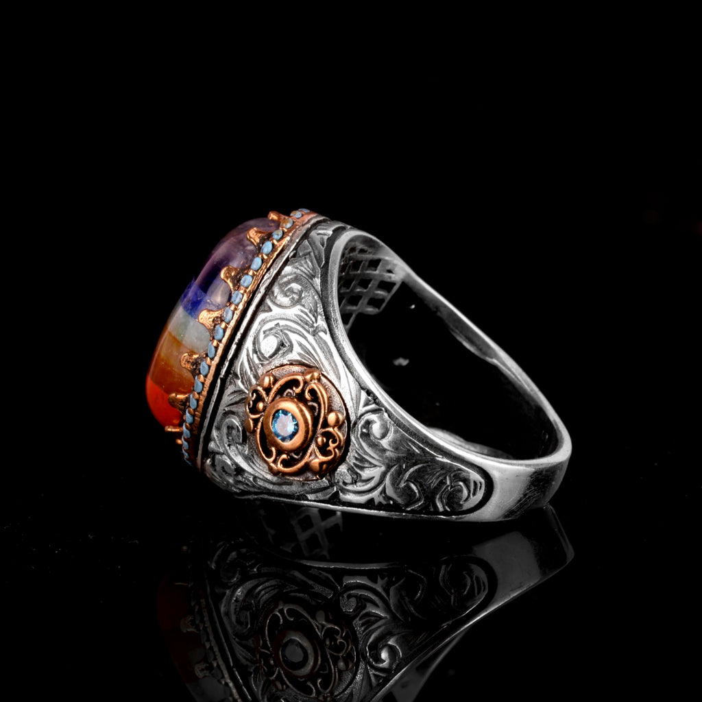 Natural Silver Men's Ring, Rainbow Stone Ring, Multi-Color Ring, 925 Sterling Silver Men's Ring — 6