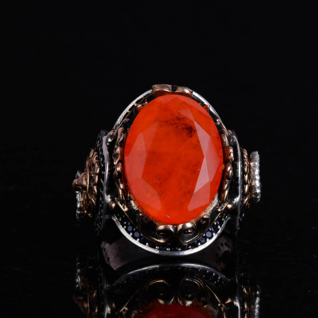 925 Sterling Silver Ring, Orange Synthetic Paraiba Stone Ring, Handmade Lion Head Men's Ring — 3