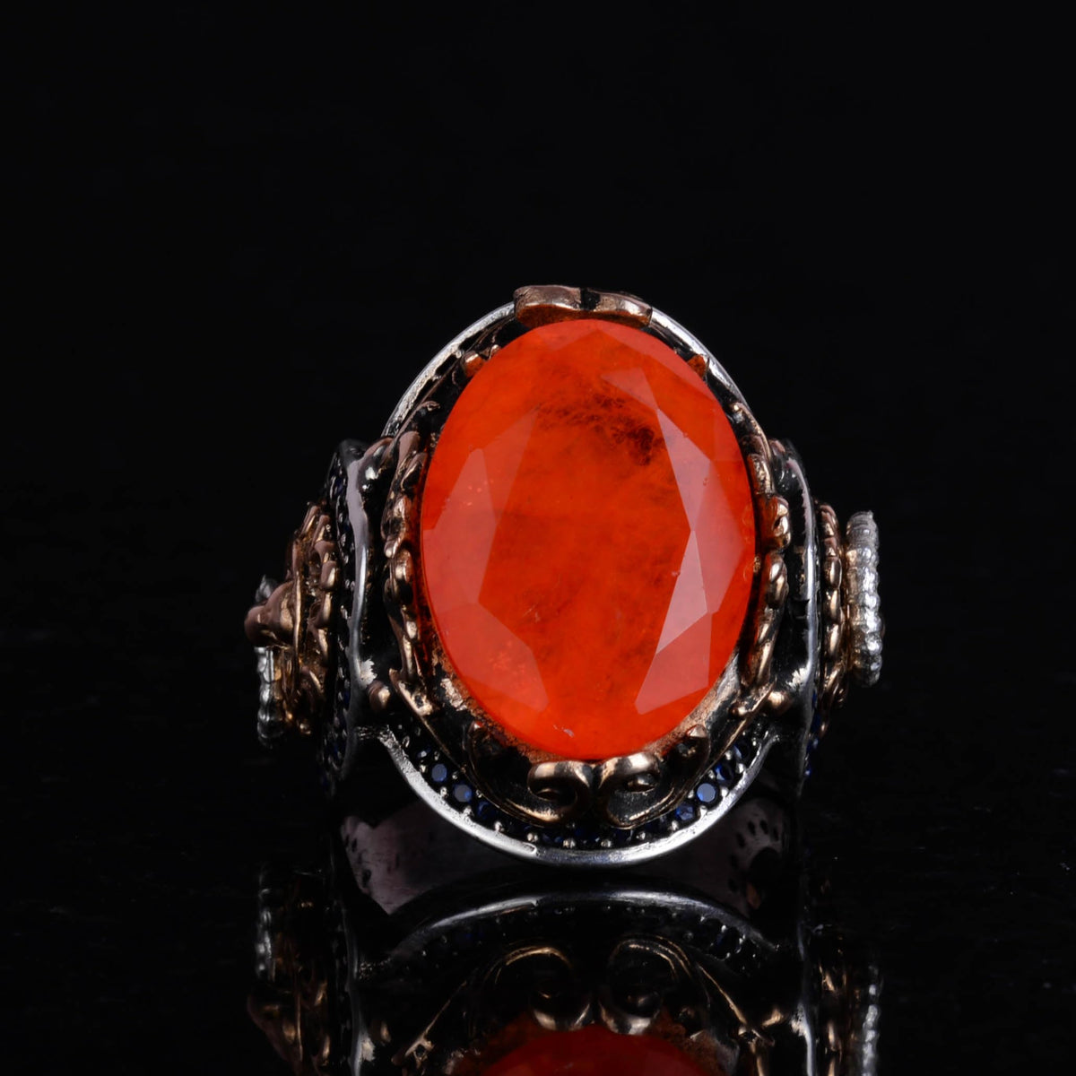 925 Sterling Silver Ring, Orange Synthetic Paraiba Stone Ring, Handmade Lion Head Men's Ring — 3
