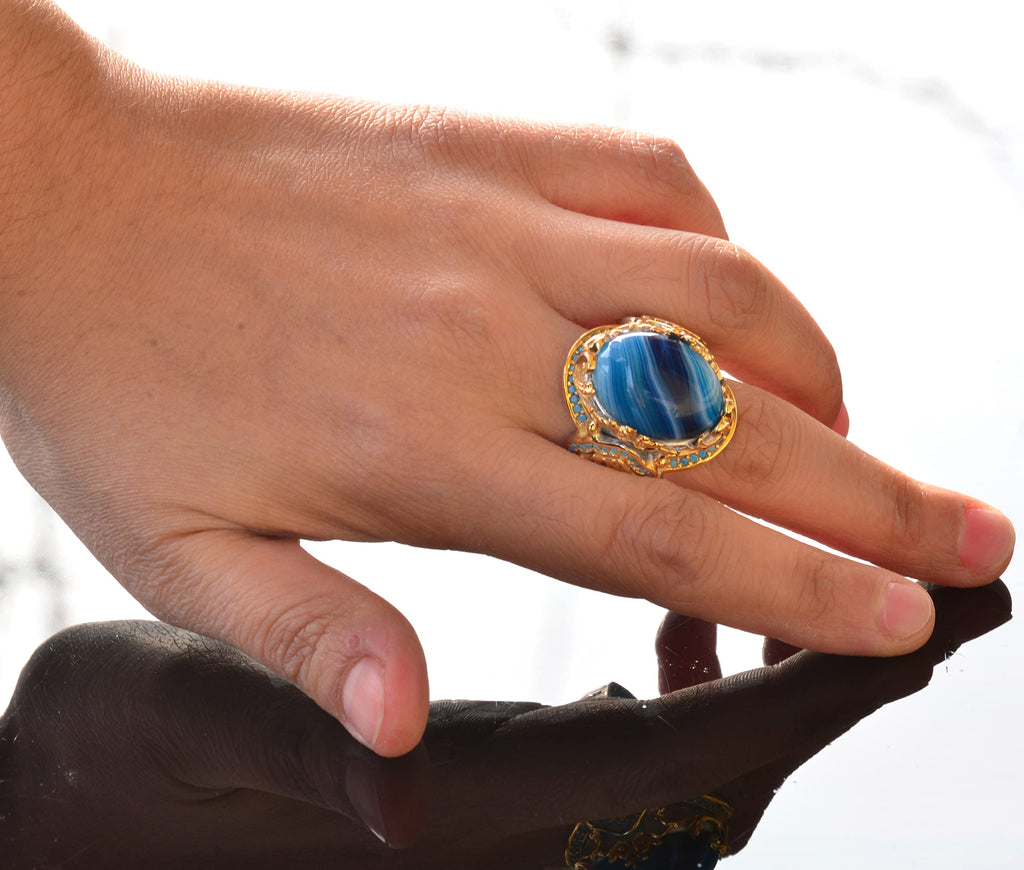 Natural Blue Agate Stone Ring – 925 Sterling Silver King Ring – Gold Plated — 6