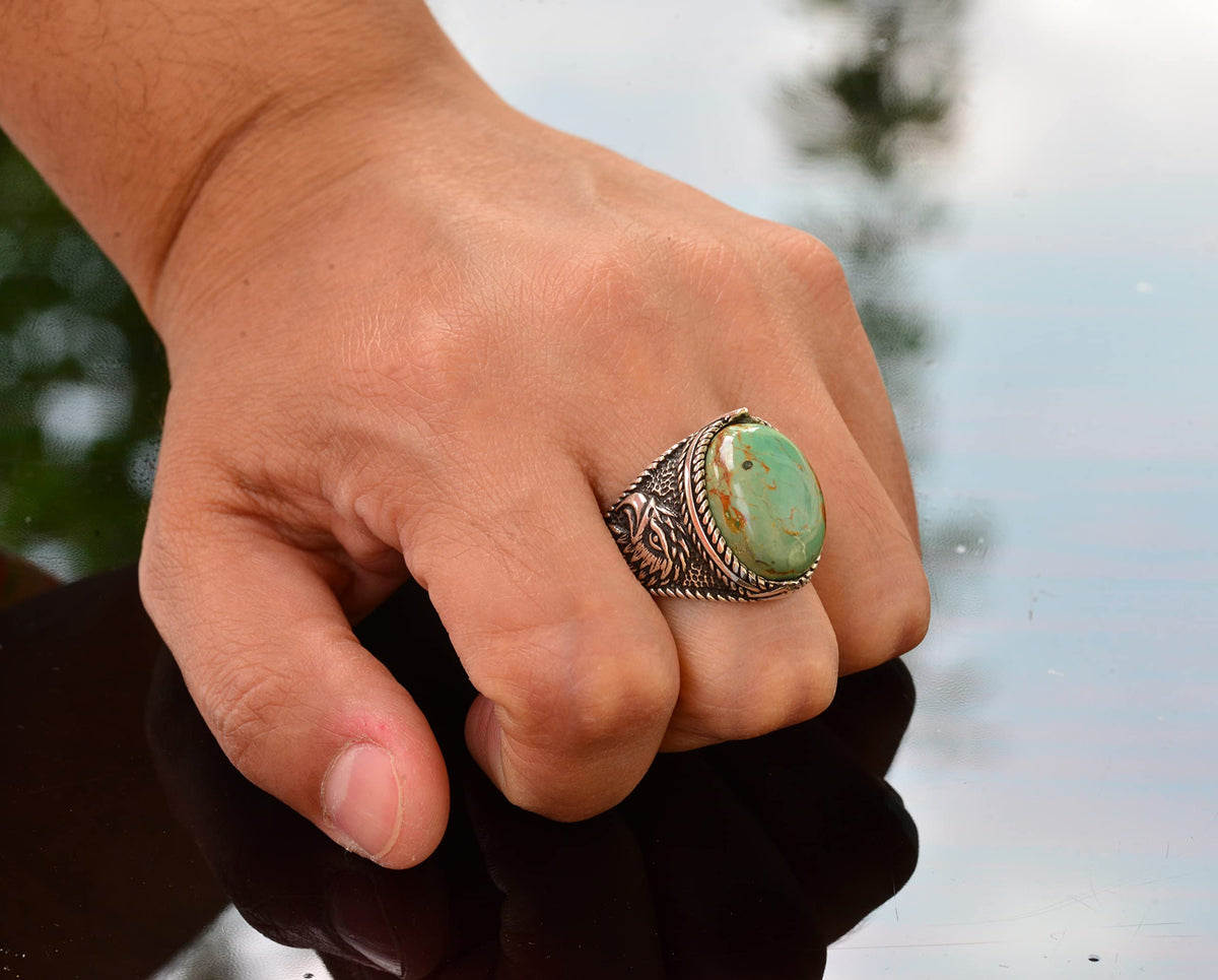 Natural Arizona Turquoise Stone Ring - 925 Sterling Silver Men's Eagle Ring, Suitable for Daily and Special Occasions (Model-2) — 7