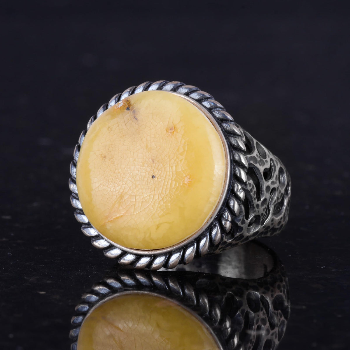 Natural Amber Stone Ring - 925 Sterling Silver Men's Ring — 5