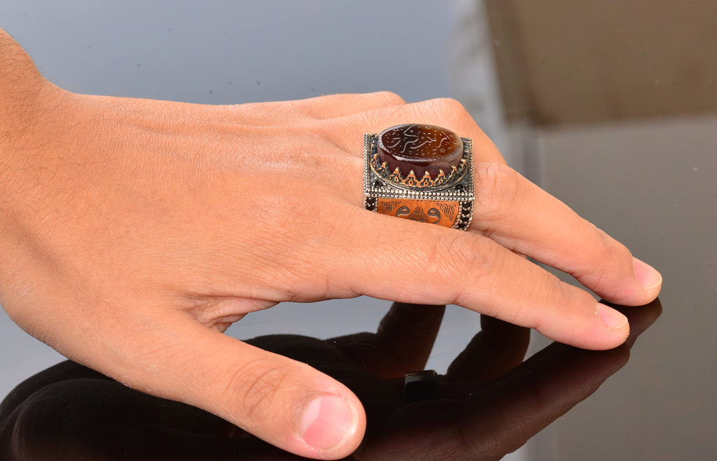 Natural Agate Stone Ring - Islamic Gift, Silver Men's Ring — 6
