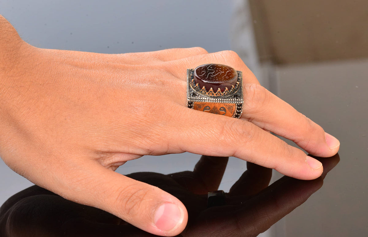 Natural Agate Stone Ring - Islamic Gift, Silver Men's Ring — 6